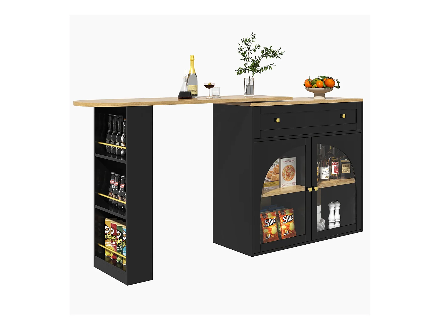 Draaibare bartafel met 2 deuren en 1 lade Keukeneiland met uitschuifbaar blad (138-204)x39x104 cm - open opbergruimte - zwart