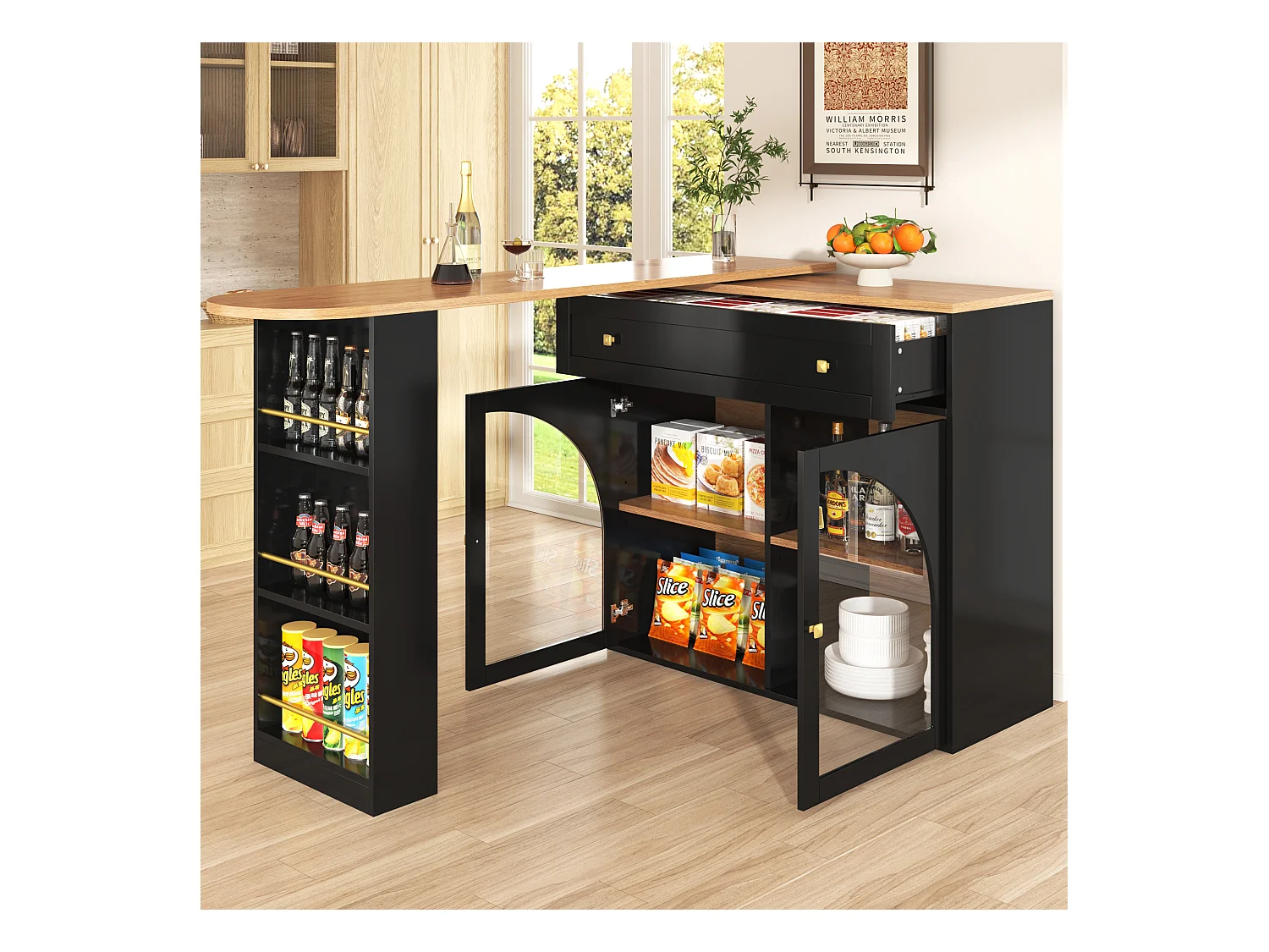 Meuble de bar pivotant 2 portes et 1 tiroir Îlot de cuisine avec plateau extensible (138-204)x39x104 cm - rangement ouvert - noir