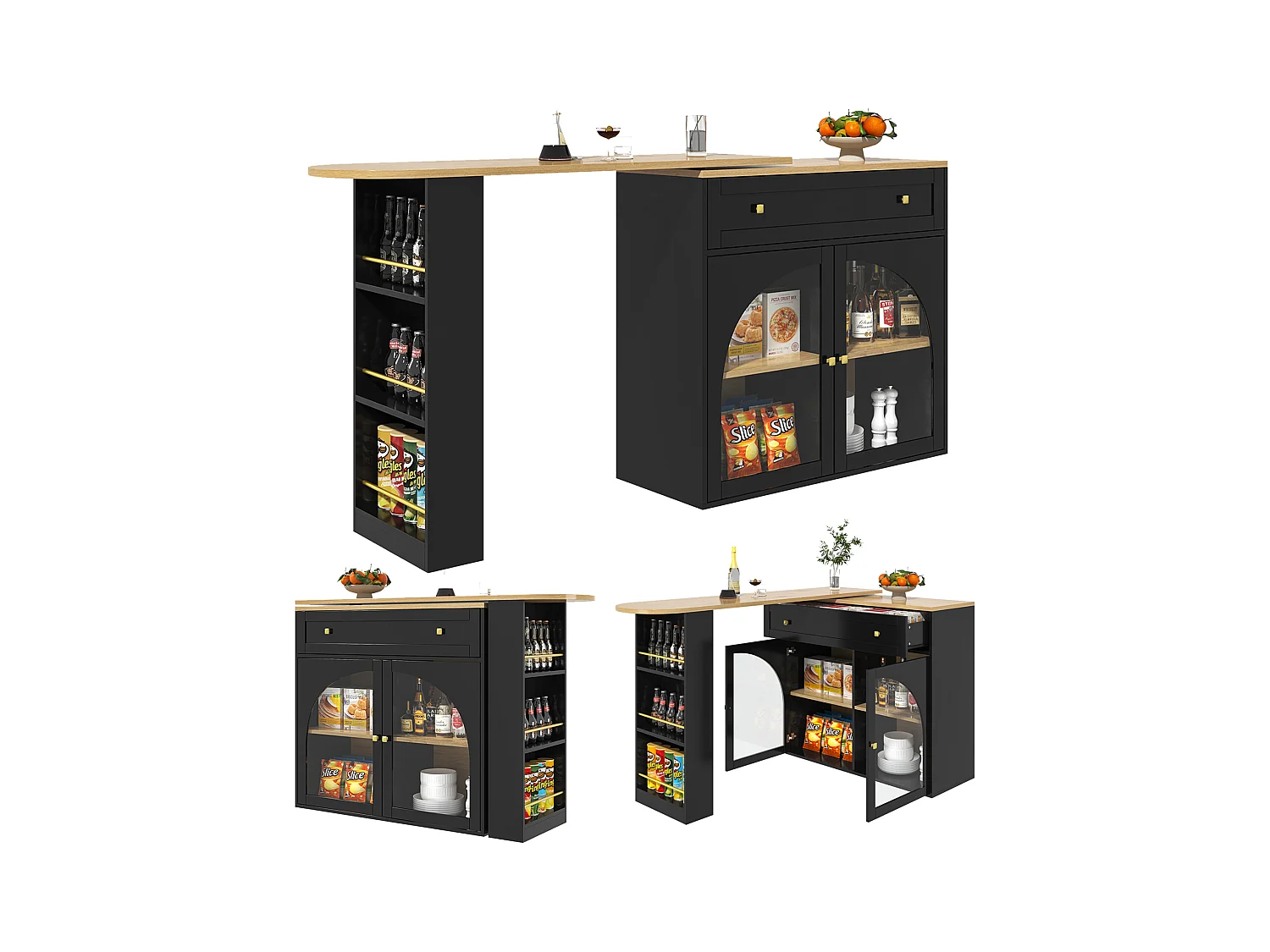 Meuble de bar pivotant 2 portes et 1 tiroir Îlot de cuisine avec plateau extensible (138-204)x39x104 cm - rangement ouvert - noir
