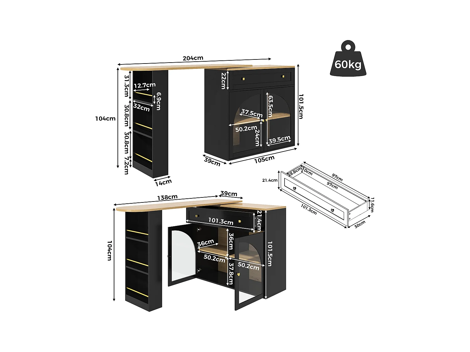 Meuble de bar pivotant 2 portes et 1 tiroir Îlot de cuisine avec plateau extensible (138-204)x39x104 cm - rangement ouvert - noir