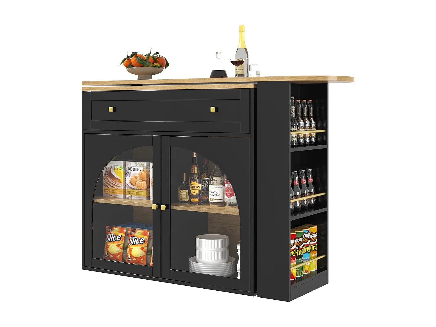 Meuble de bar pivotant 2 portes et 1 tiroir Îlot de cuisine avec plateau extensible (138-204)x39x104 cm - rangement ouvert - noir