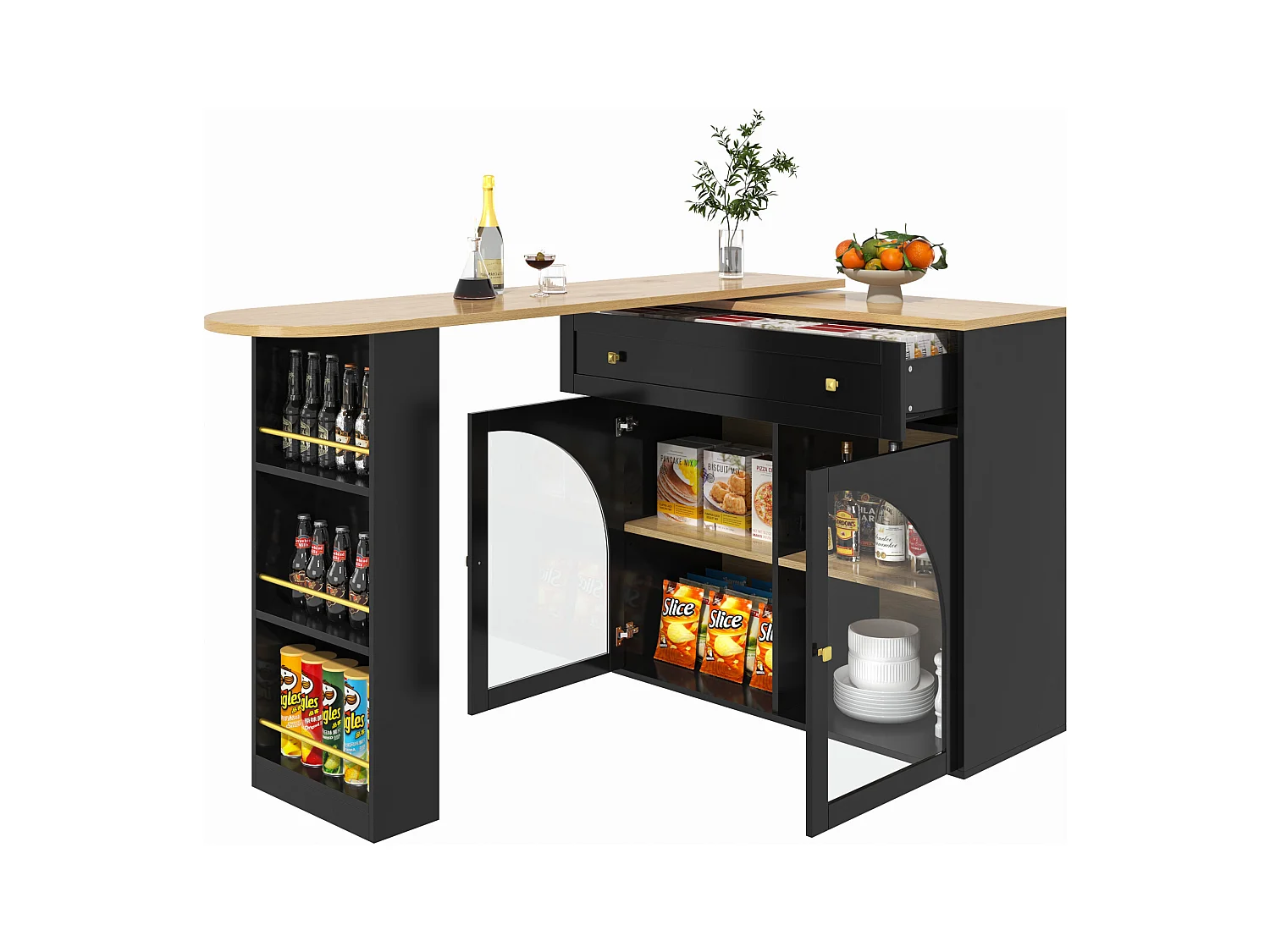 Meuble de bar pivotant 2 portes et 1 tiroir Îlot de cuisine avec plateau extensible (138-204)x39x104 cm - rangement ouvert - noir