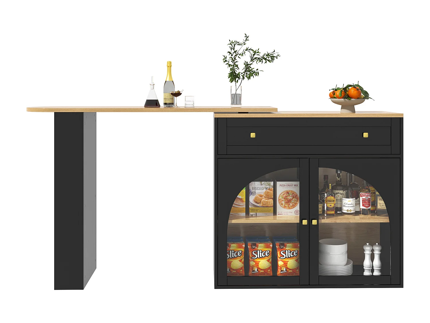 Desserte de cuisine 138/204x39x104 cm pivotant 2 portes et 1 tiroir Îlot de cuisine avec plateau extensible - rangement ouvert - noir