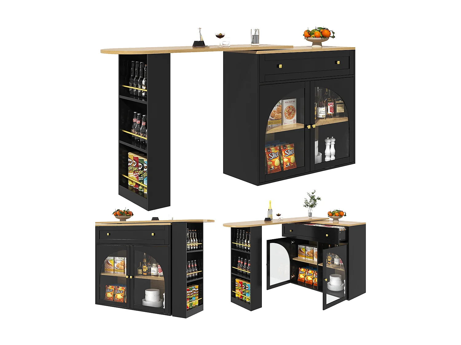 Desserte de cuisine 138/204x39x104 cm pivotant 2 portes et 1 tiroir Îlot de cuisine avec plateau extensible - rangement ouvert - noir