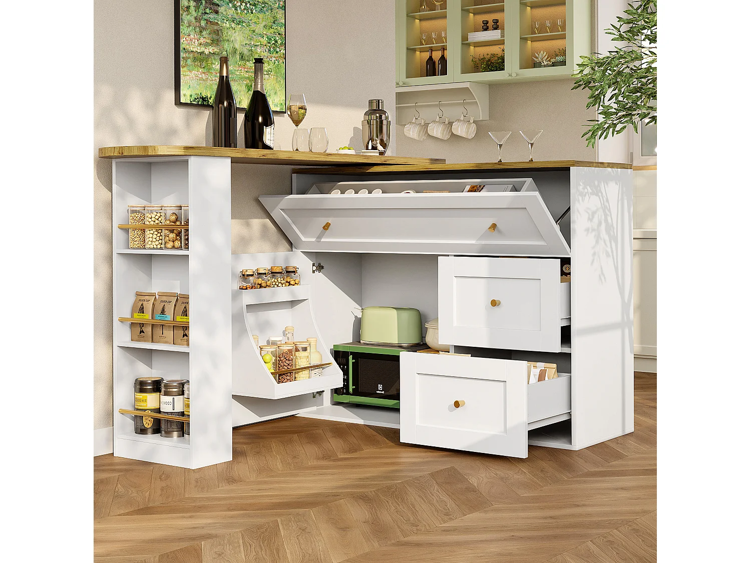 Table de bar extensible 138x39x105 cm, rangements intégrés, plateau rotatif 360°, design pliant, MDF et métal, blanc