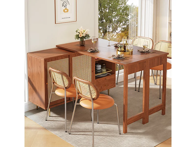 Meuble de bar pivotant 2 portes en rotin Îlot de cuisine avec rangement - plateau extensible (120-187)x79.8x76 cm - marron