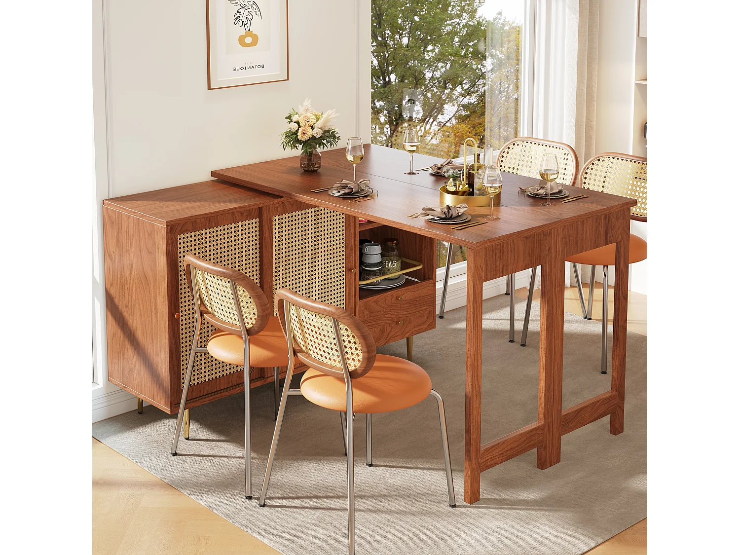 Meuble de bar pivotant 2 portes en rotin Îlot de cuisine avec rangement - plateau extensible (120-187)x79.8x76 cm - marron