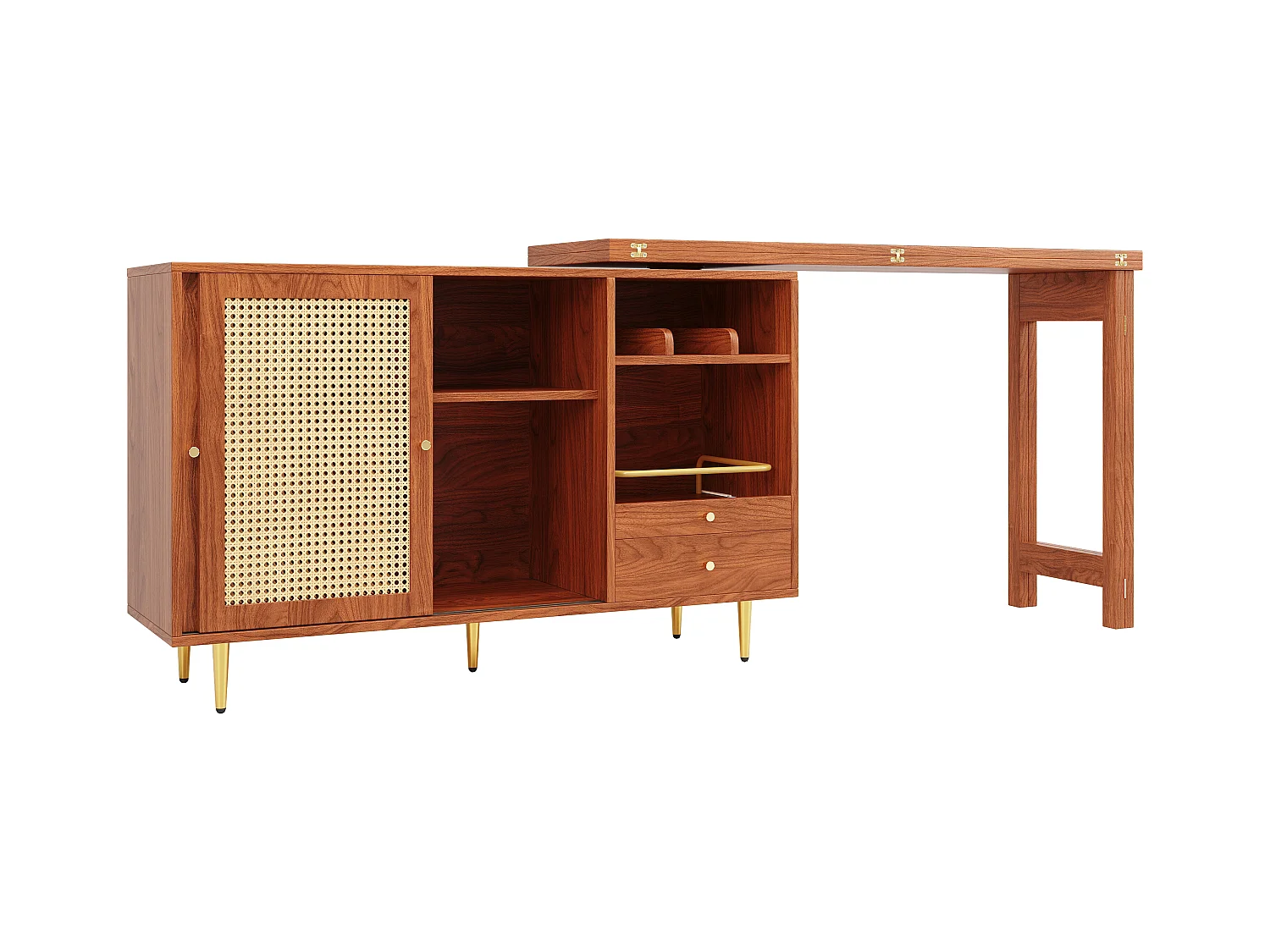 Meuble de bar pivotant 2 portes en rotin Îlot de cuisine avec rangement - plateau extensible (120-187)x79.8x76 cm - marron