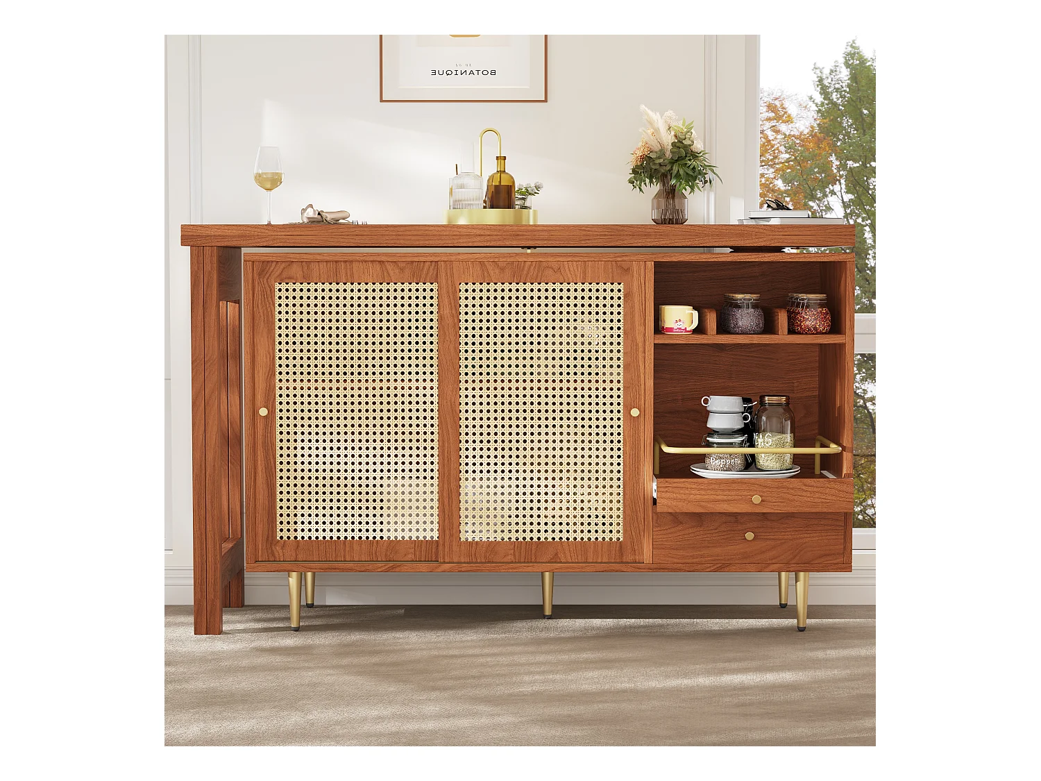 Meuble de bar pivotant 2 portes en rotin Îlot de cuisine avec rangement - plateau extensible (120-187)x79.8x76 cm - marron