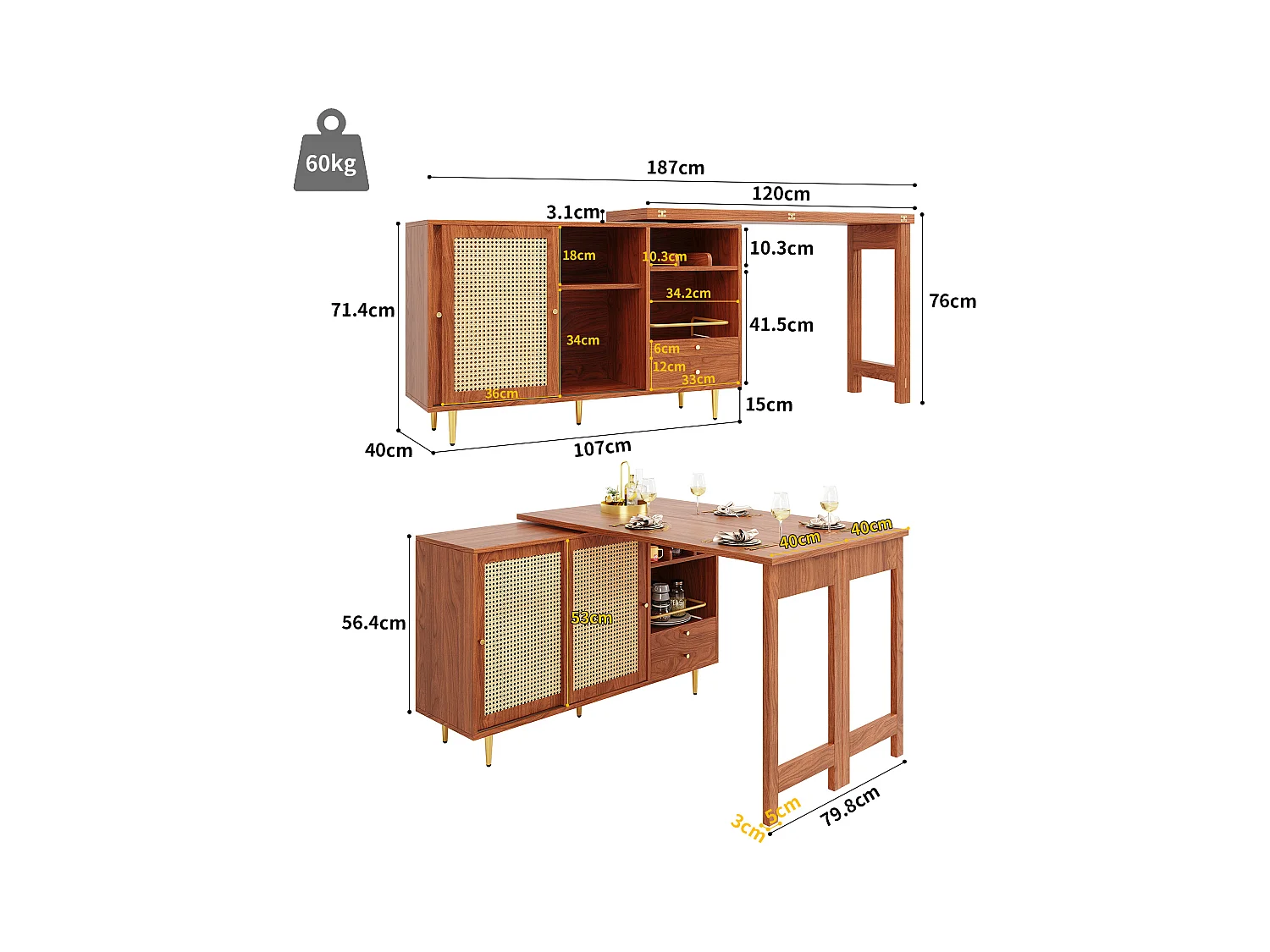 Meuble de bar pivotant 2 portes en rotin Îlot de cuisine avec rangement - plateau extensible (120-187)x79.8x76 cm - marron