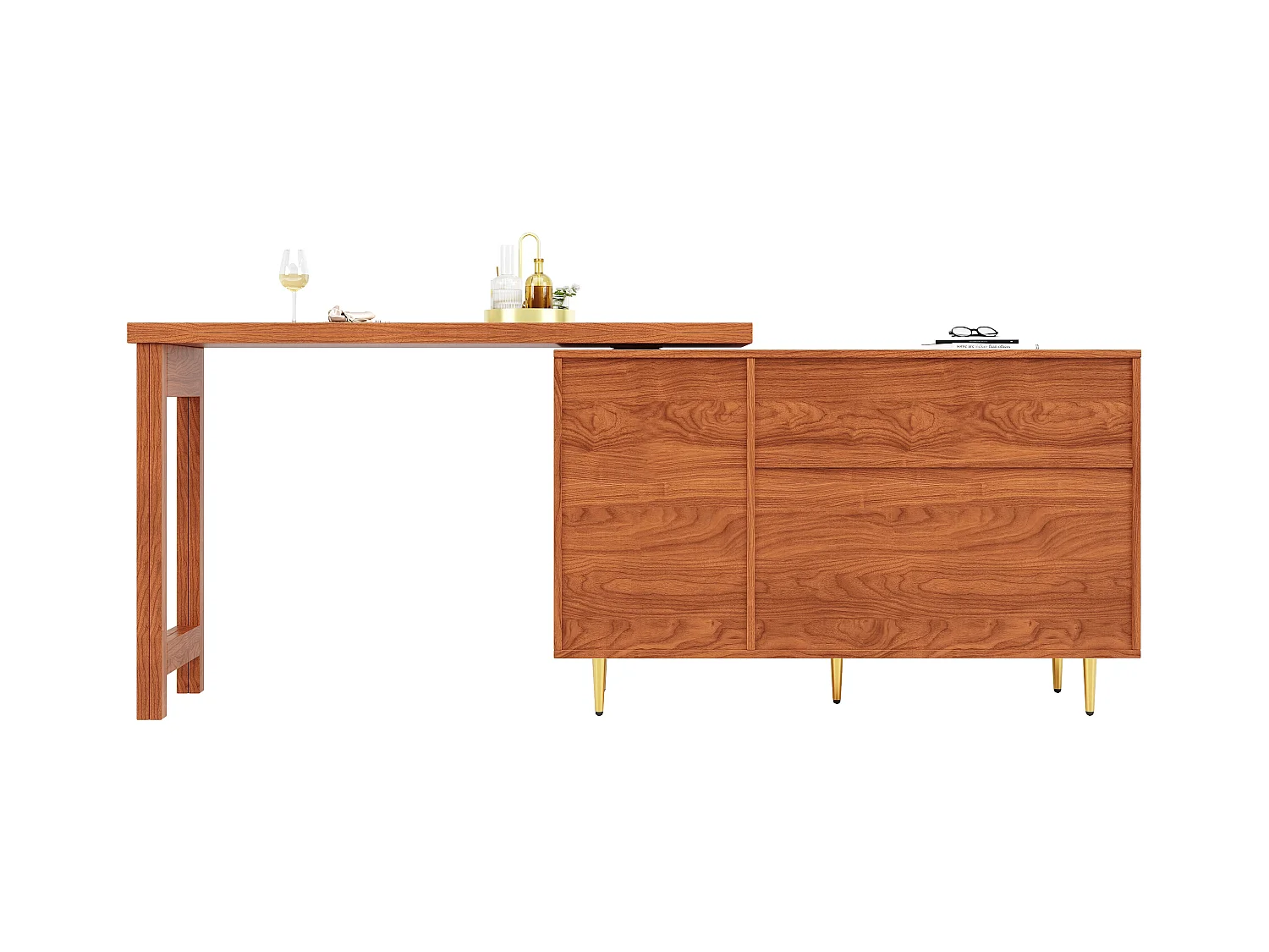 Meuble de bar pivotant 2 portes en rotin Îlot de cuisine avec rangement - plateau extensible (120-187)x79.8x76 cm - marron
