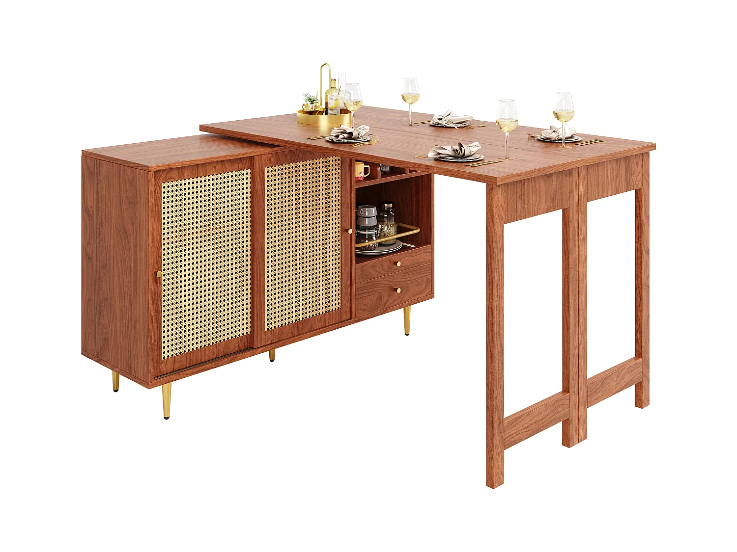 Meuble de bar pivotant 2 portes en rotin Îlot de cuisine avec rangement - plateau extensible (120-187)x79.8x76 cm - marron