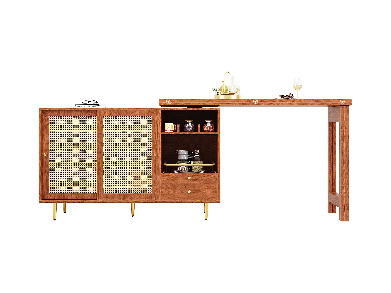 Meuble de bar pivotant 2 portes en rotin Îlot de cuisine avec rangement - plateau extensible (120-187)x79.8x76 cm - marron