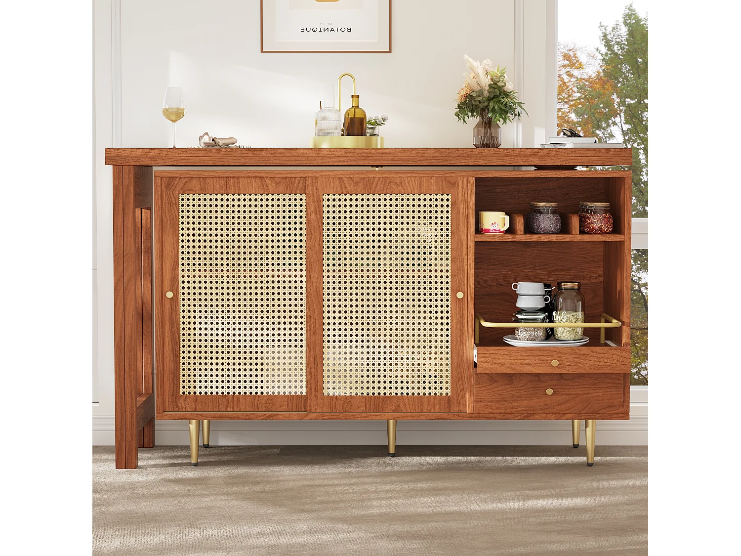 Meuble de bar pivotant (120-187)x79.8x76 cm 2 portes en rotin Îlot de cuisine avec rangement - plateau extensible  - marron