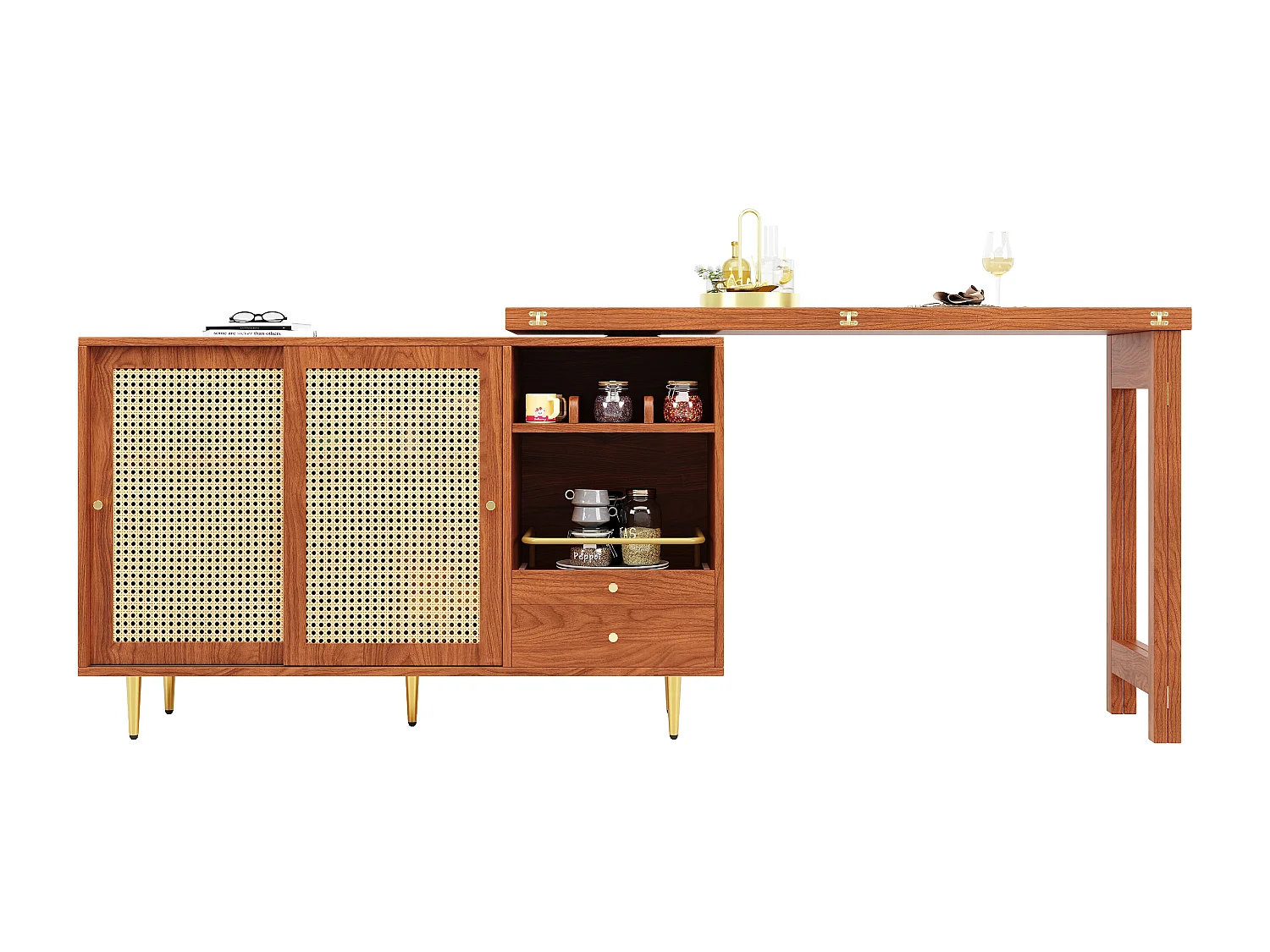 Meuble de bar pivotant (120-187)x79.8x76 cm 2 portes en rotin Îlot de cuisine avec rangement - plateau extensible  - marron