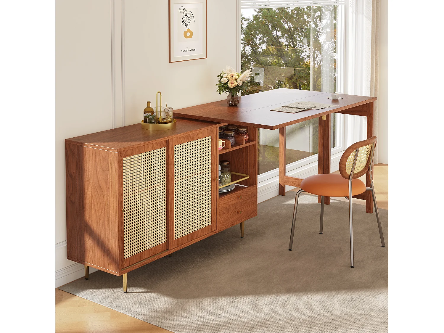 Meuble de bar pivotant (120-187)x79.8x76 cm 2 portes en rotin Îlot de cuisine avec rangement - plateau extensible  - marron