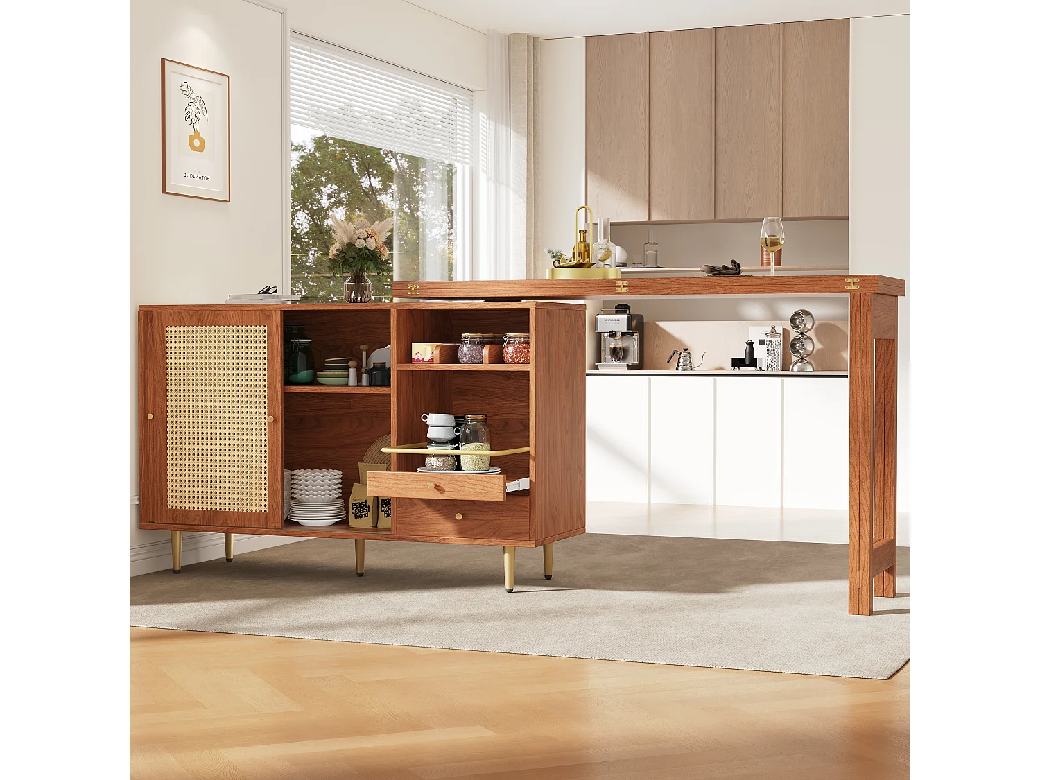 Bartafel 107x40x71.4 cm, 360° draaibaar en uitschuifbaar blad, opbergvakken met rotan deuren, MDF, bruin