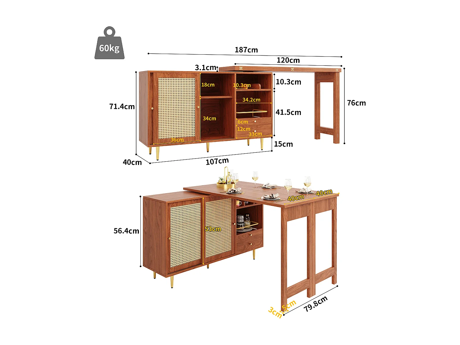Bartafel 107x40x71.4 cm, 360° draaibaar en uitschuifbaar blad, opbergvakken met rotan deuren, MDF, bruin