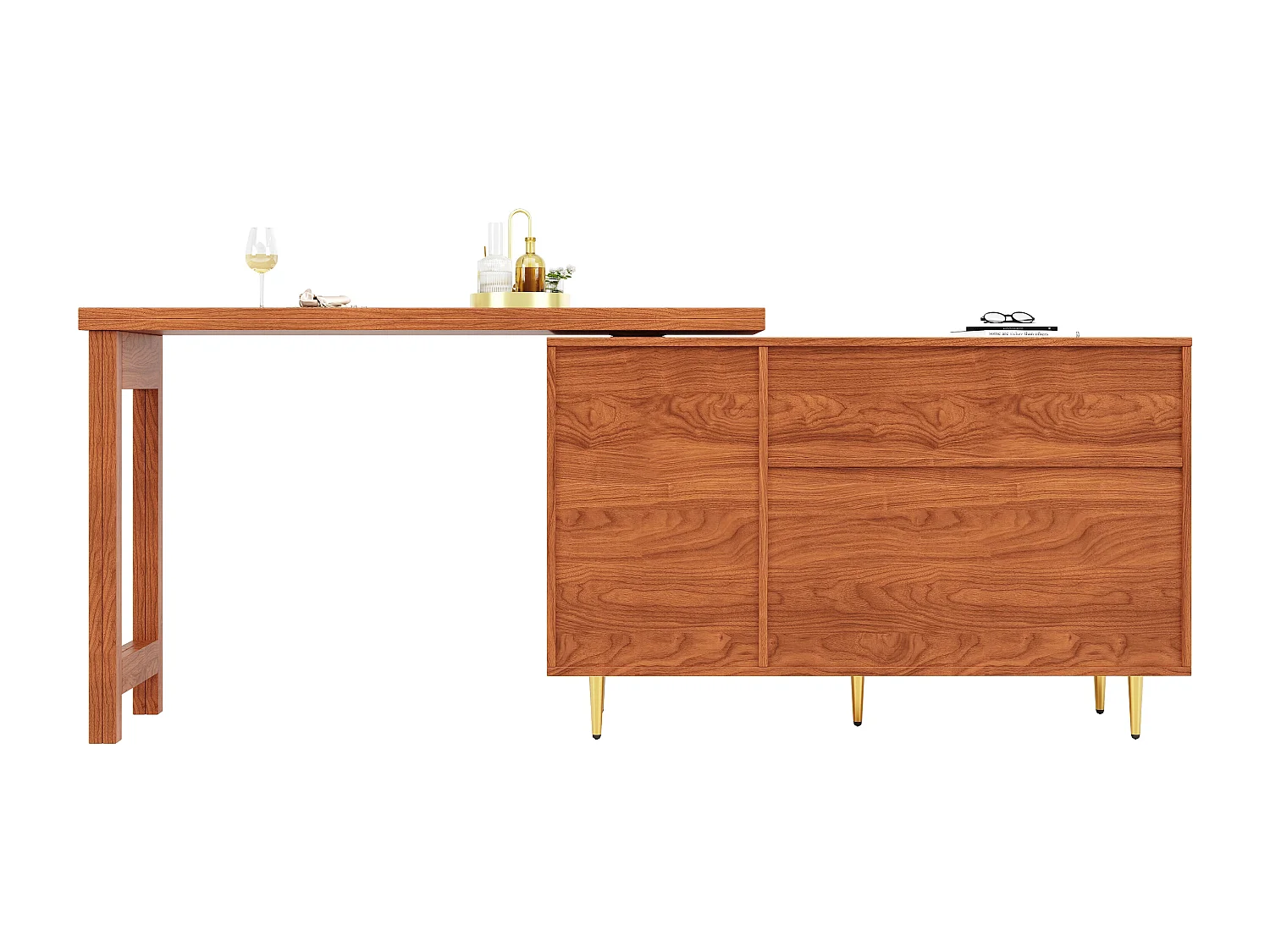 Bartafel 107x40x71.4 cm, 360° draaibaar en uitschuifbaar blad, opbergvakken met rotan deuren, MDF, bruin