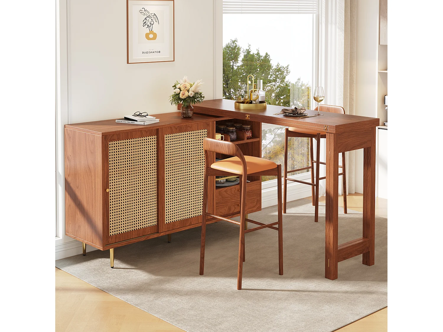 Bartafel 107x40x71.4 cm, 360° draaibaar en uitschuifbaar blad, opbergvakken met rotan deuren, MDF, bruin