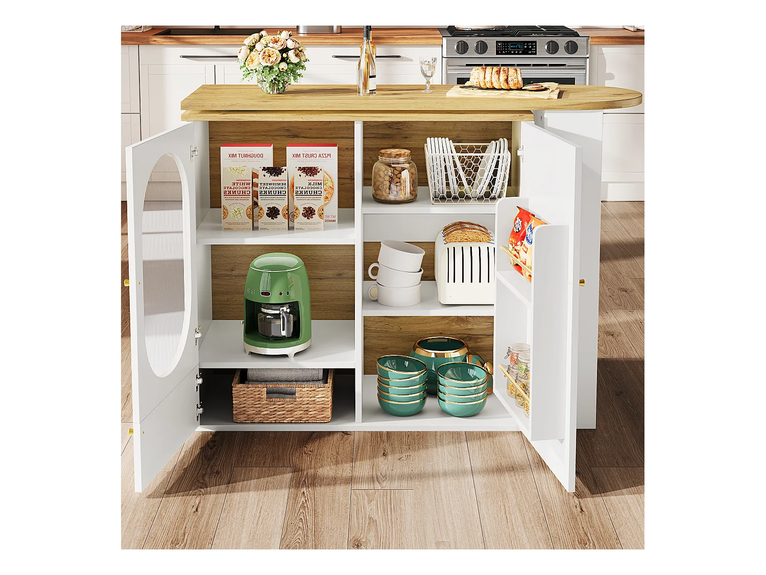 Meuble de bar pivotant avec 3 portes îlot de cuisine avec rangement - plateau extensible (138-204)x39x102 cm - blanc