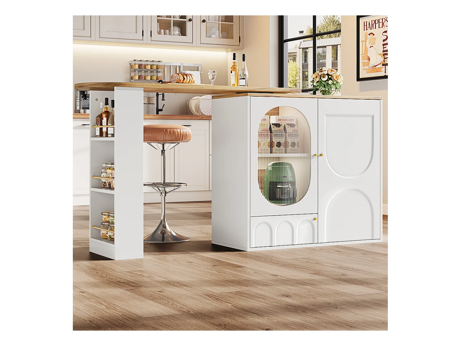 Meuble de bar pivotant avec 3 portes îlot de cuisine avec rangement - plateau extensible (138-204)x39x102 cm - blanc