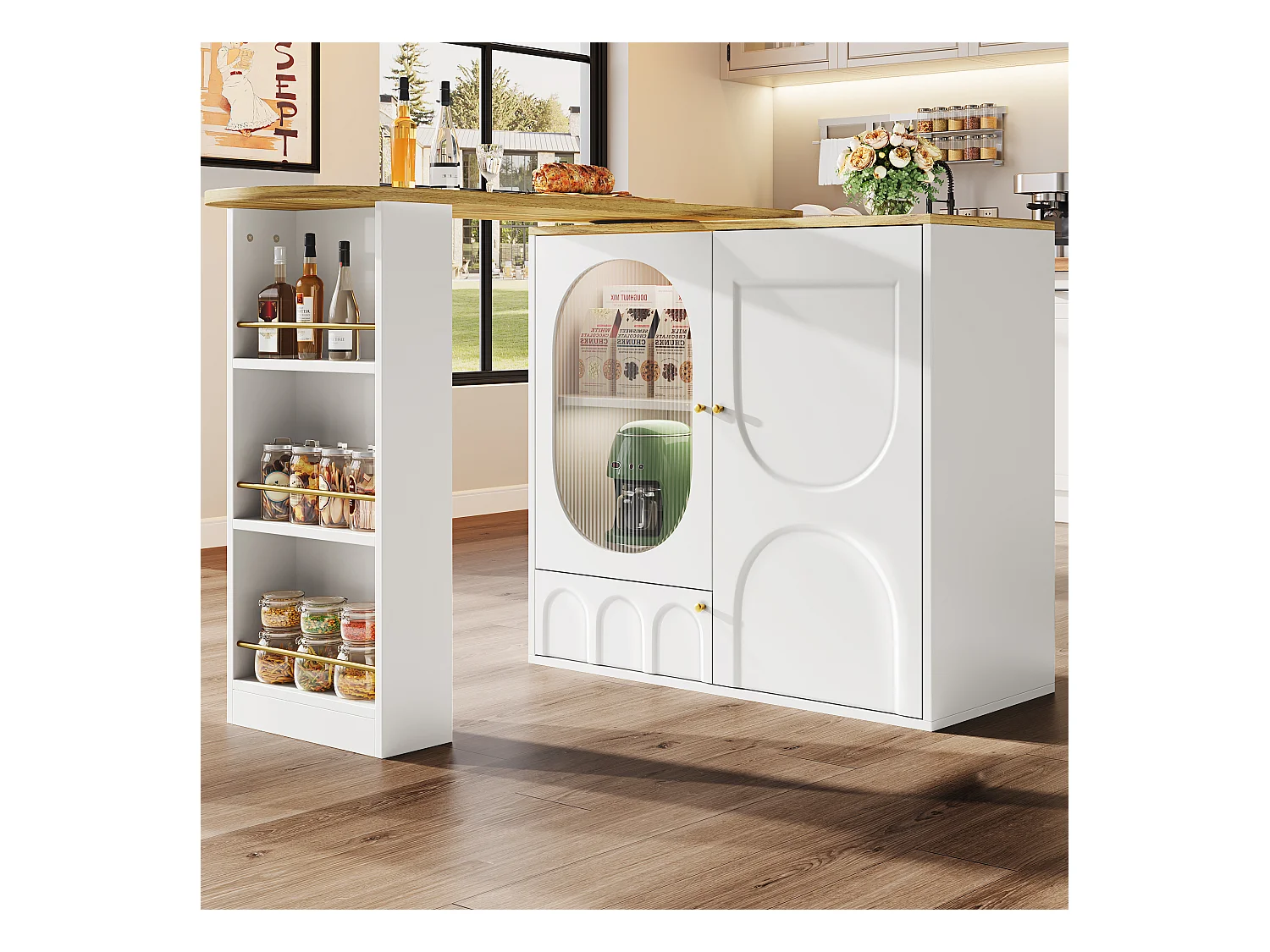 Meuble de bar pivotant avec 3 portes îlot de cuisine avec rangement - plateau extensible (138-204)x39x102 cm - blanc