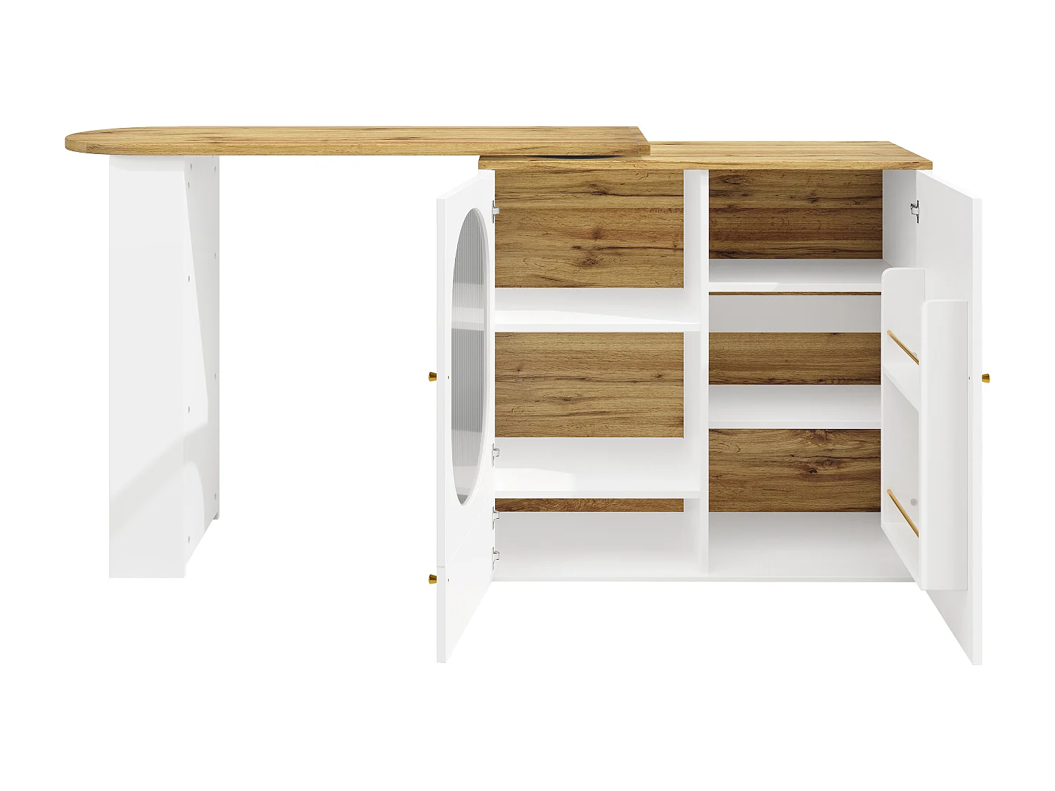 Îlot de cuisine 138x39x105 cm, plateau rotatif 360°, grand rangement à 3 portes, MDF et métal, blanc