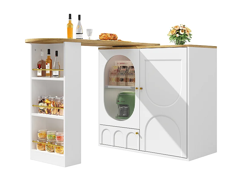 Îlot de cuisine 138x39x105 cm, plateau rotatif 360°, grand rangement à 3 portes, MDF et métal, blanc