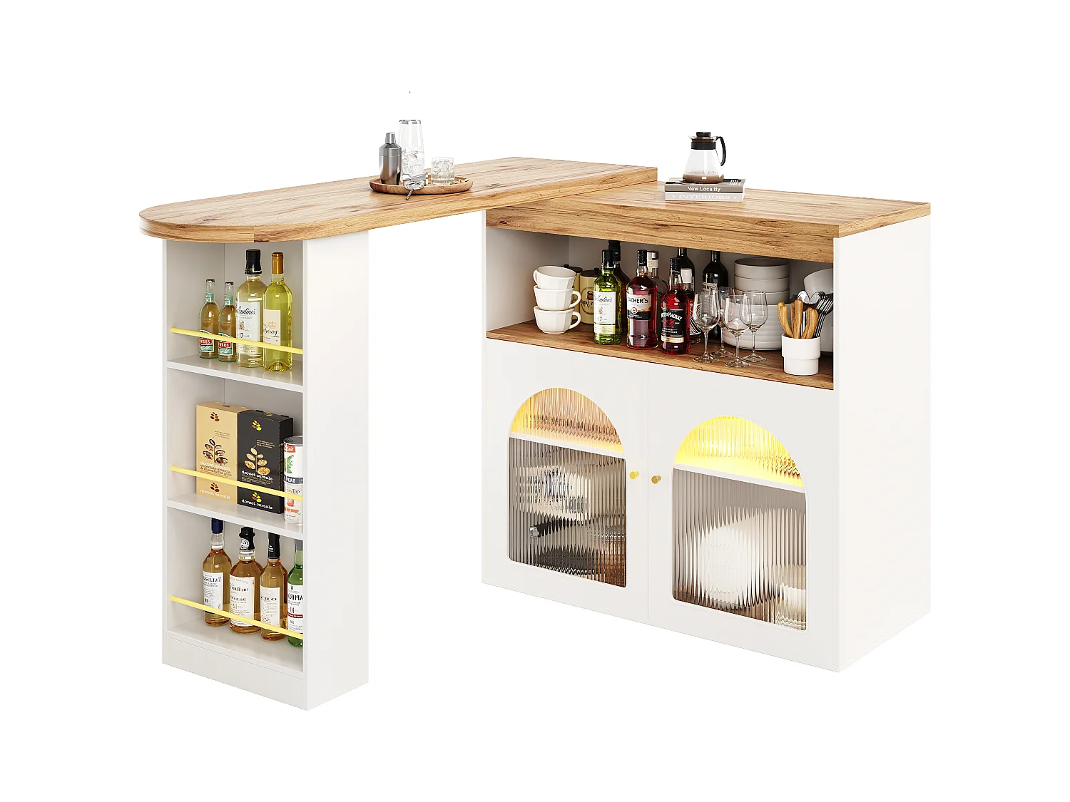 Meuble bar pivotant rangement 138/193x39x105 cm - Table de bar en bois avec LED lumière réglable -  - Blanc