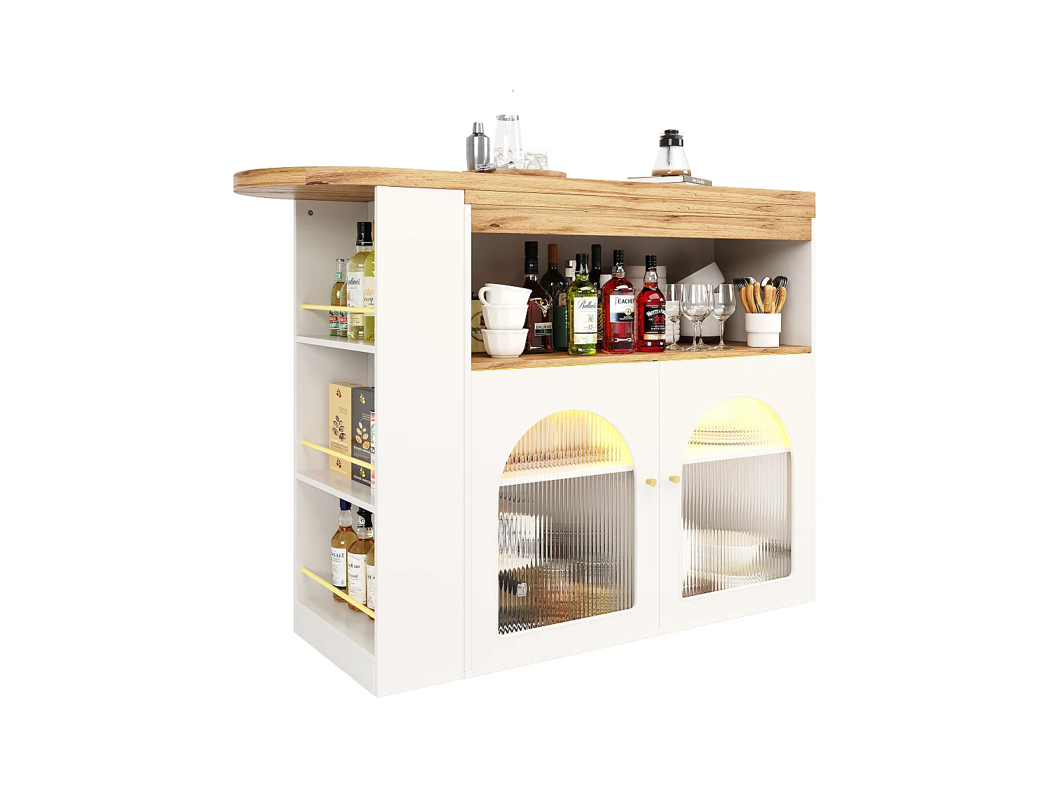Meuble bar pivotant rangement 138/193x39x105 cm - Table de bar en bois avec LED lumière réglable -  - Blanc