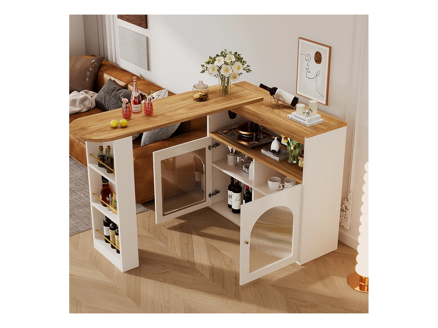 Meuble bar pivotant Rangement - Table de bar en Bois avec LED Lumière Réglable - 138/193x39x105 cm - Blanc