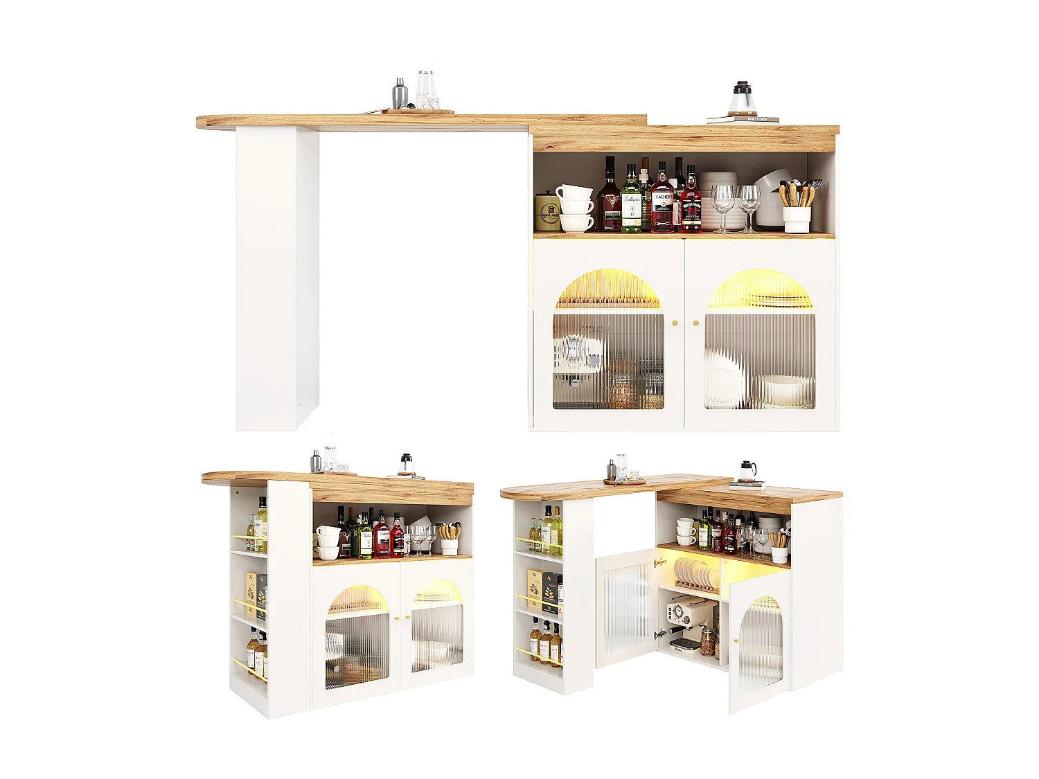 Draaibare barkast - Houten bartafel met verstelbare LED-verlichting - 138/193x39x105 cm - Wit