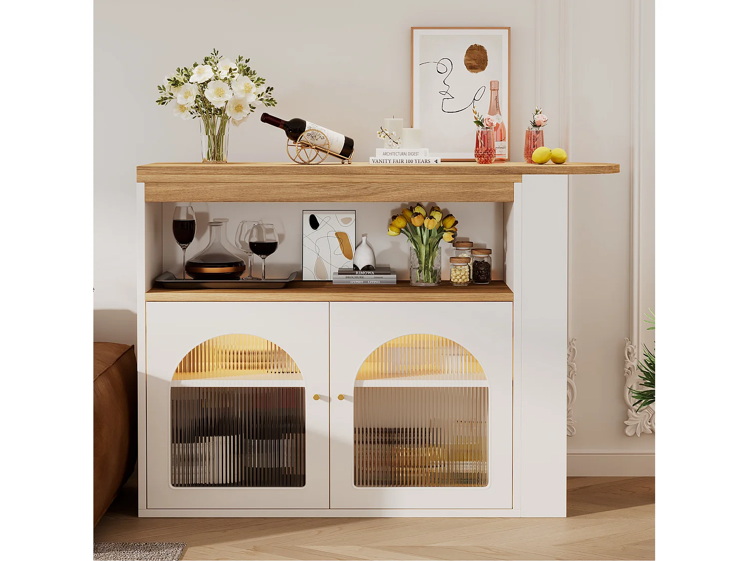 Table de bar 138x39x105 cm, extensible et pivotante 360°, rangement 3 niveaux, LED, MDF blanc