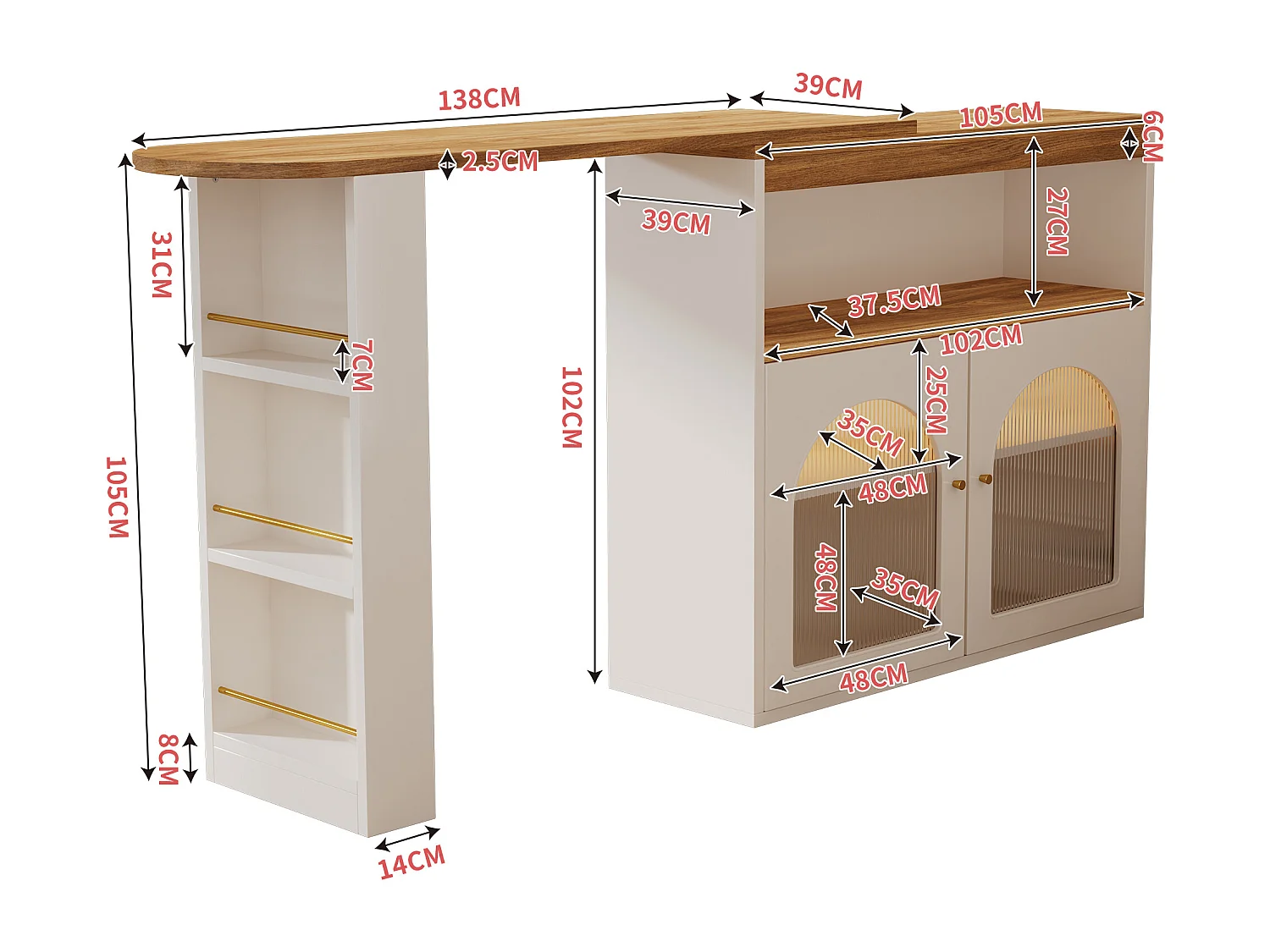 Table de bar 138x39x105 cm, extensible et pivotante 360°, rangement 3 niveaux, LED, MDF blanc