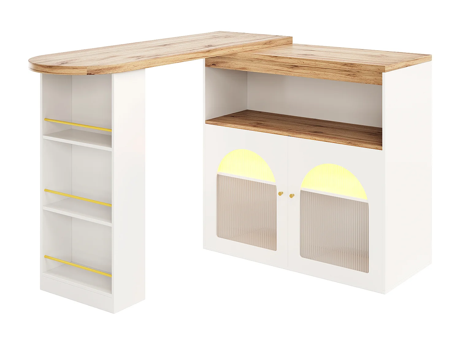 Table de bar 138x39x105 cm, extensible et pivotante 360°, rangement 3 niveaux, LED, MDF blanc