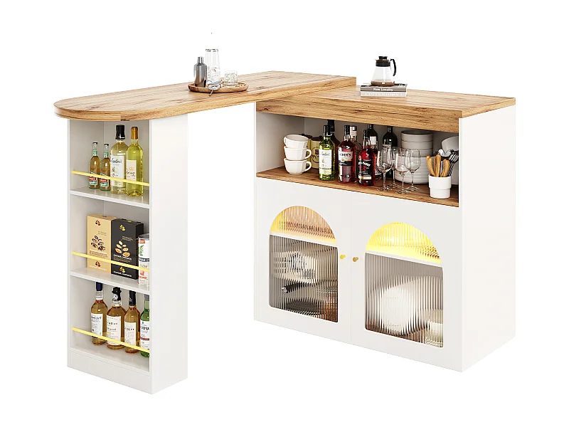 Table de bar 138x39x105 cm, extensible et pivotante 360°, rangement 3 niveaux, LED, MDF blanc