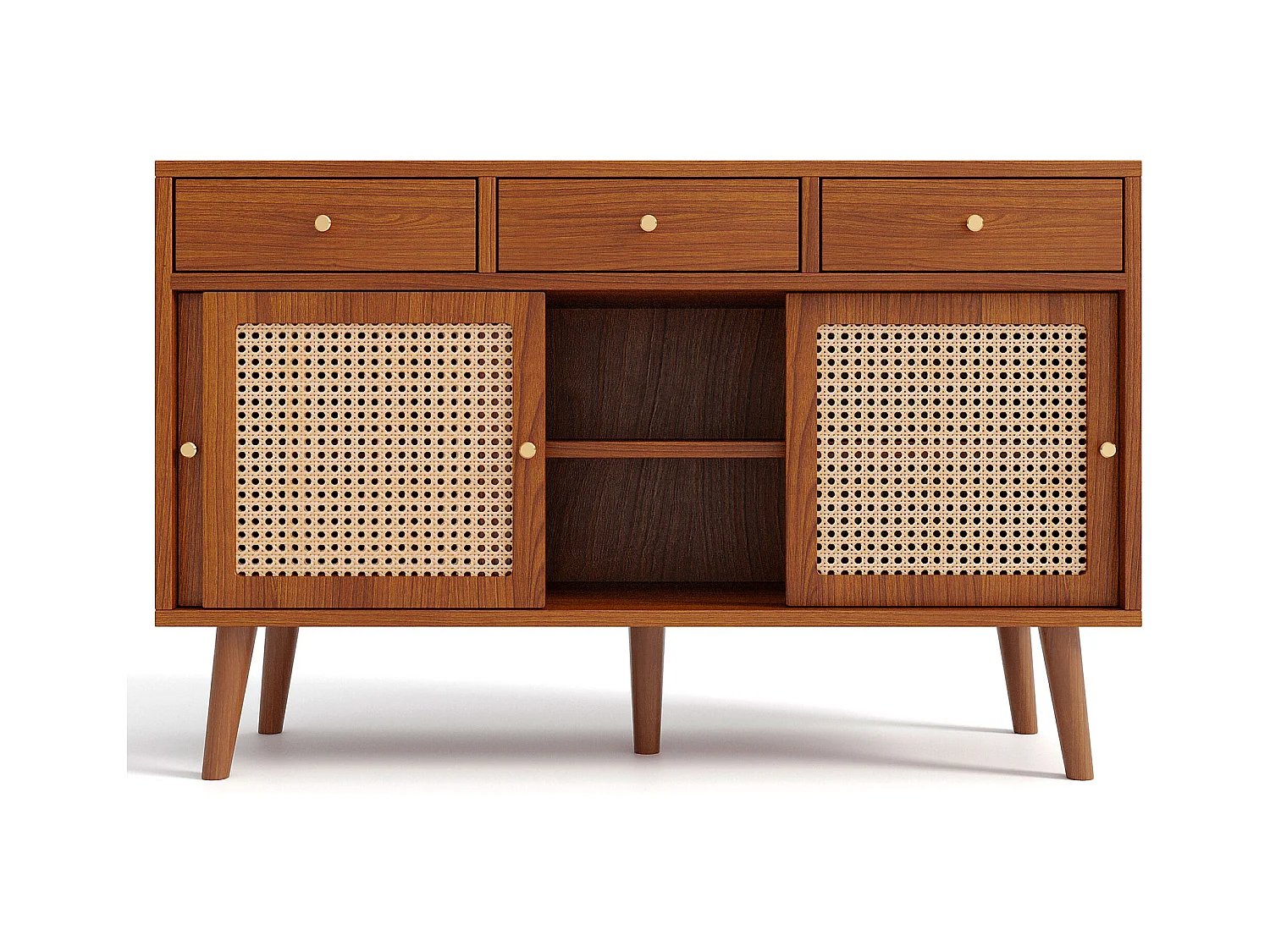 Buffet 120x40x78cm en rotin avec 3 tiroirs et 3 portes - étagères réglables - bois - noyer