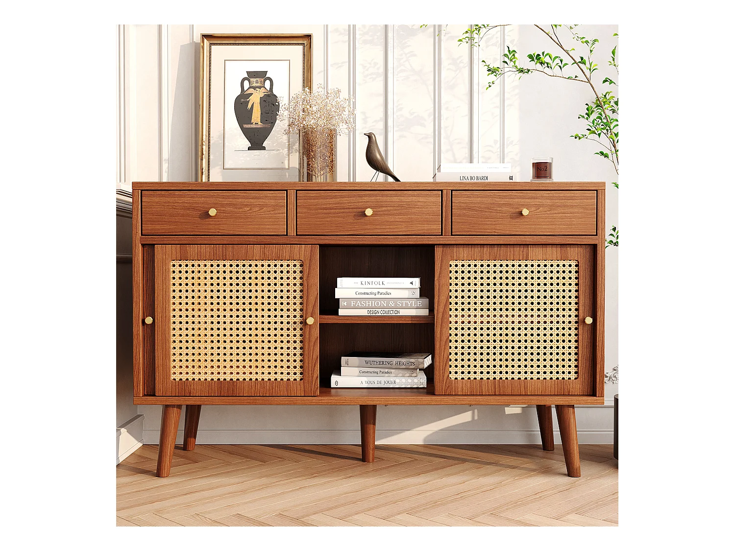 Buffet 120x40x78cm en rotin avec 3 tiroirs et 3 portes - étagères réglables - bois - noyer