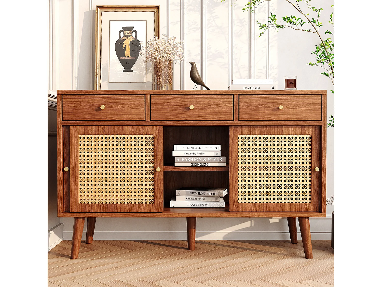 Buffet 120x40x78cm en rotin avec 3 tiroirs et 3 portes - étagères réglables - bois - noyer