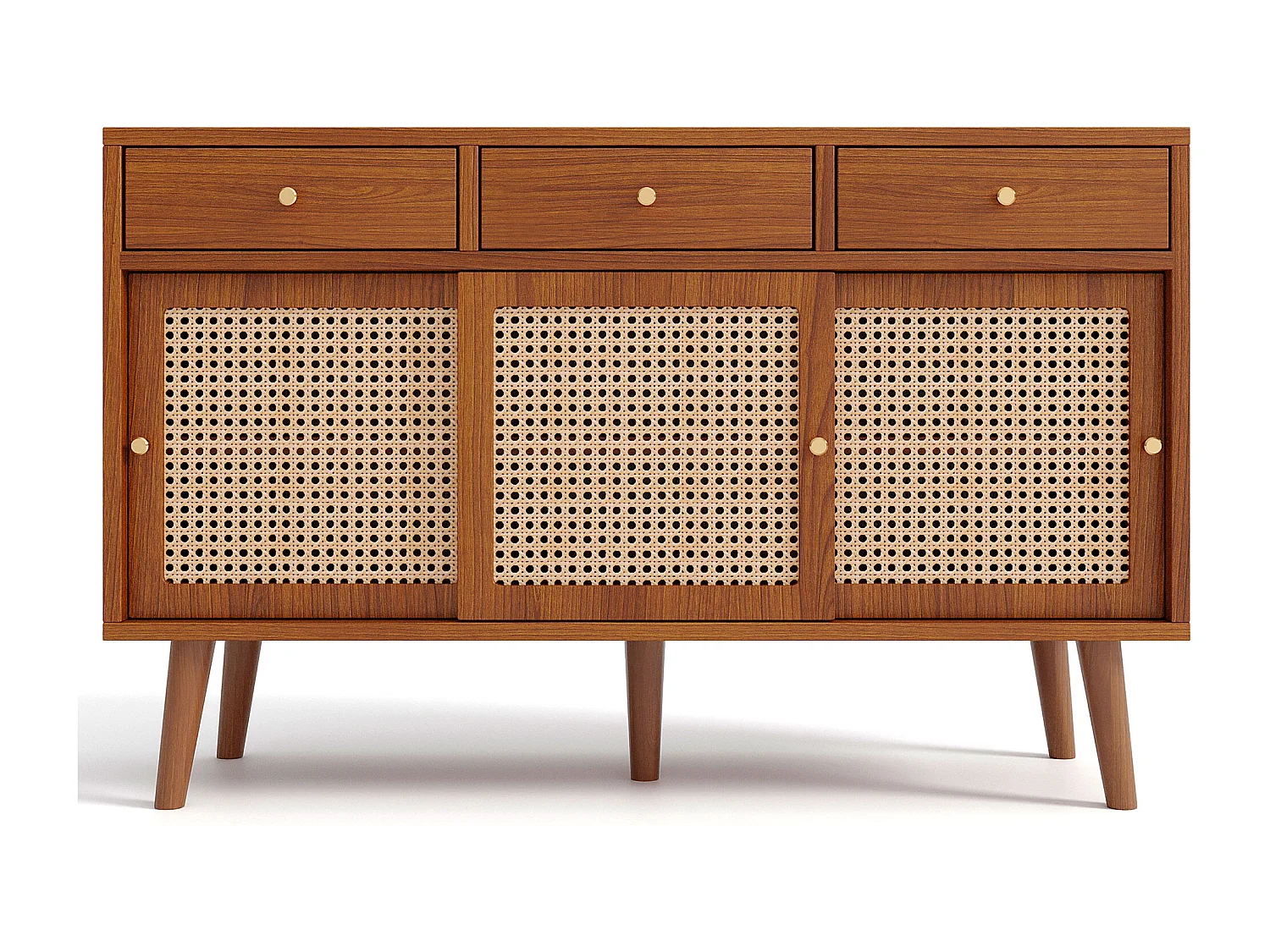 Buffet 120x40x78cm en rotin avec 3 tiroirs et 3 portes - étagères réglables - bois - noyer