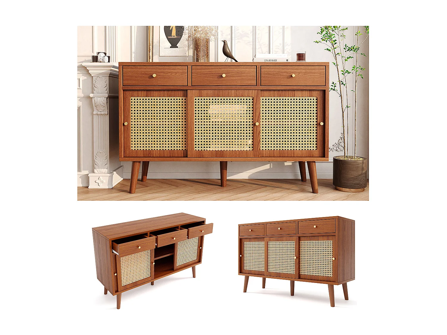 Buffet 120x40x78cm en rotin avec 3 tiroirs et 3 portes - étagères réglables - bois - noyer