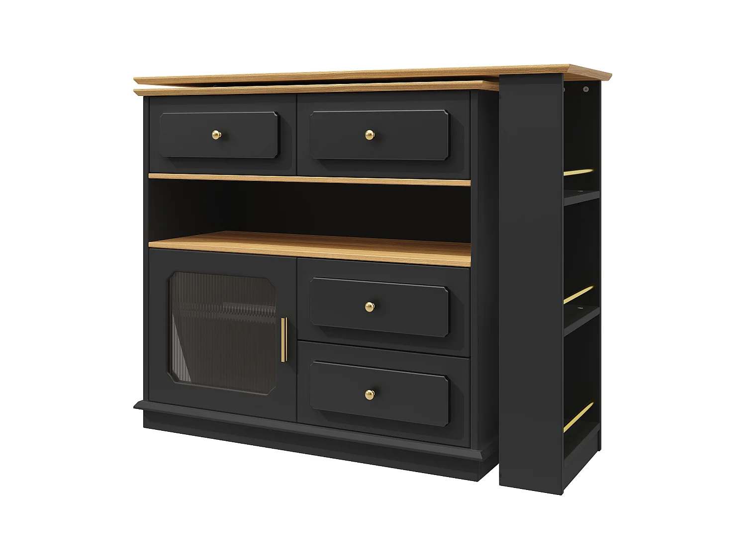 Desserte de cuisine 125/181x39x104.5 cm pivotant 1 porte et 4 tiroirs Îlot de cuisine avec rangement - plateau extensible - noir