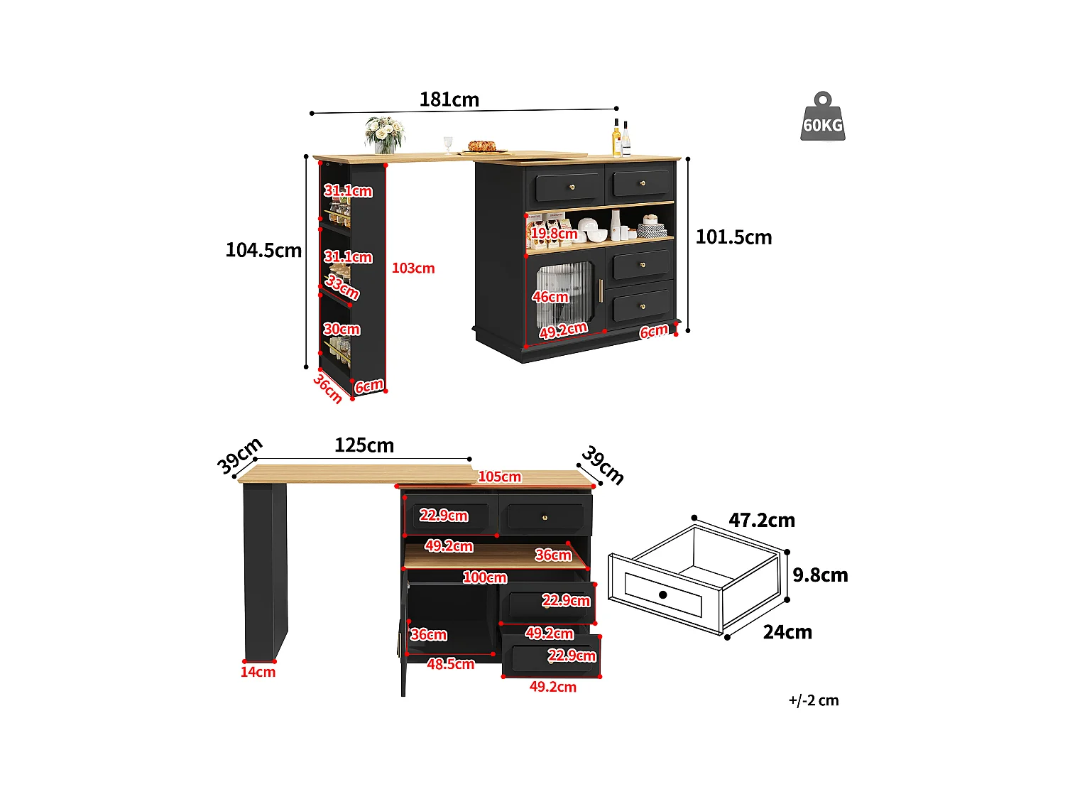 Desserte de cuisine 125/181x39x104.5 cm pivotant 1 porte et 4 tiroirs Îlot de cuisine avec rangement - plateau extensible - noir