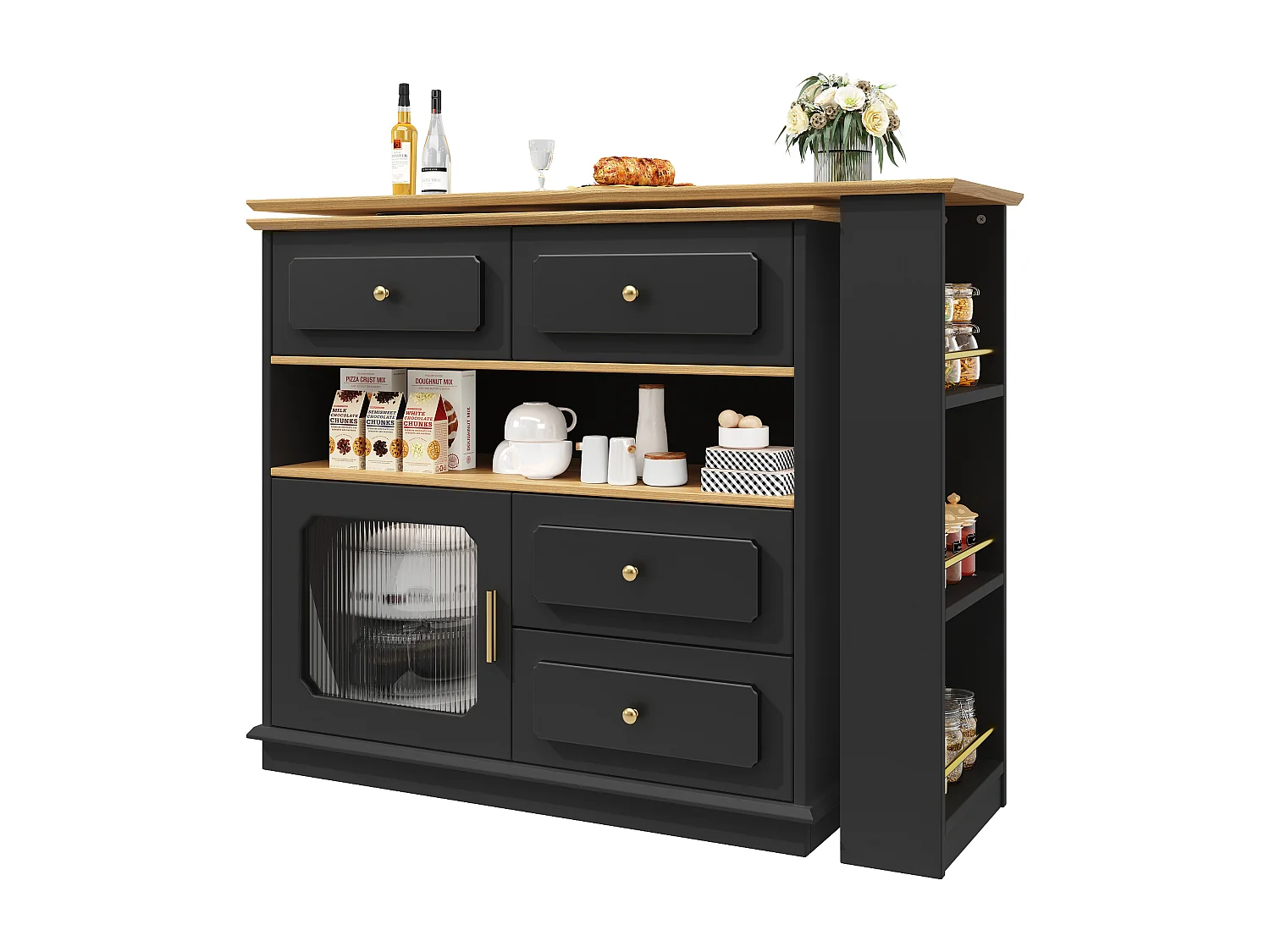 Desserte de cuisine 125/181x39x104.5 cm pivotant 1 porte et 4 tiroirs Îlot de cuisine avec rangement - plateau extensible - noir