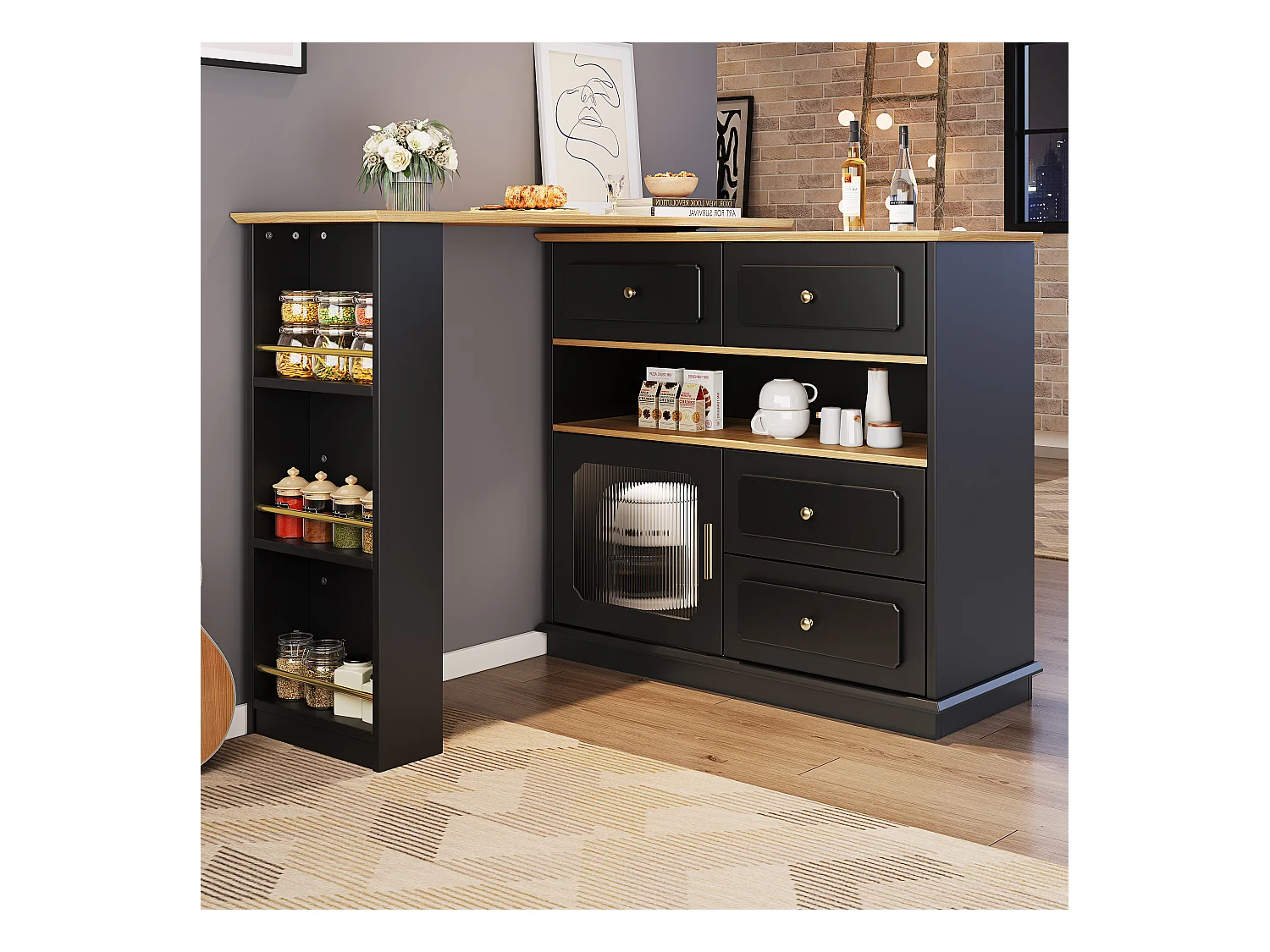 Meuble de bar pivotant 1 porte et 4 tiroirs Îlot de cuisine avec rangement - plateau extensible (125-181)x39x104.5 cm - noir