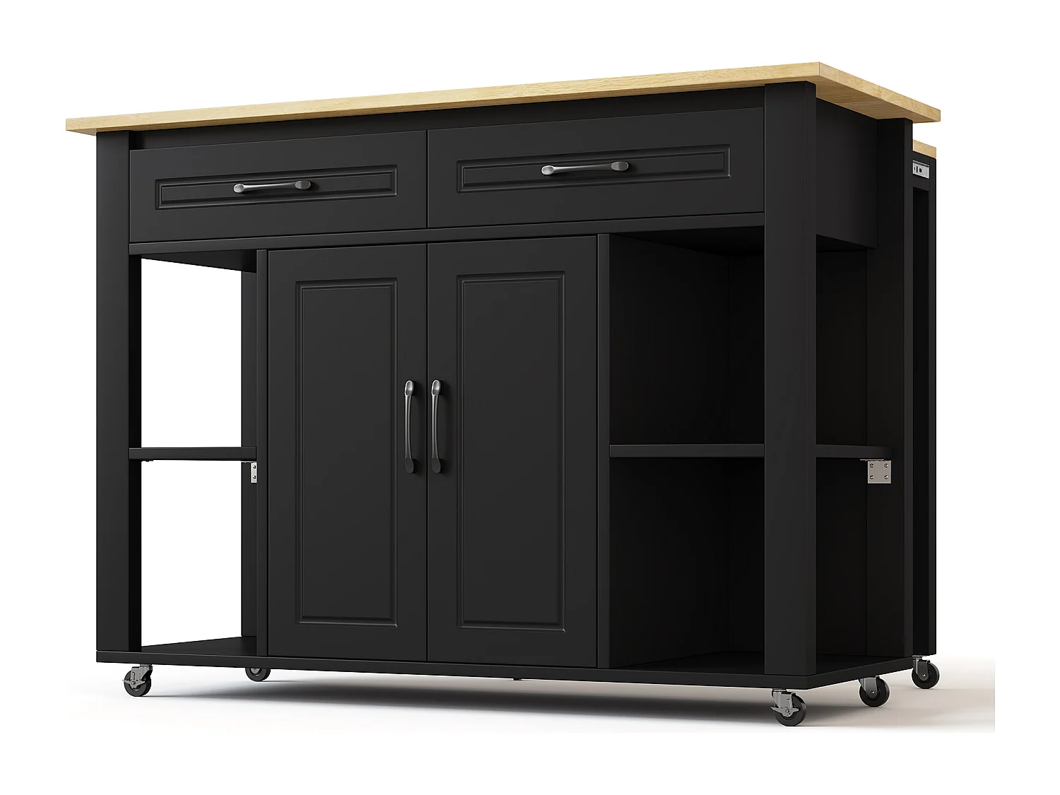 Chariot de cuisine 120x44x91.5 avec comptoir de bar et prises électriques deux tiroirs et deux portes d'armoire avec séparateurs en noir pour cuisine