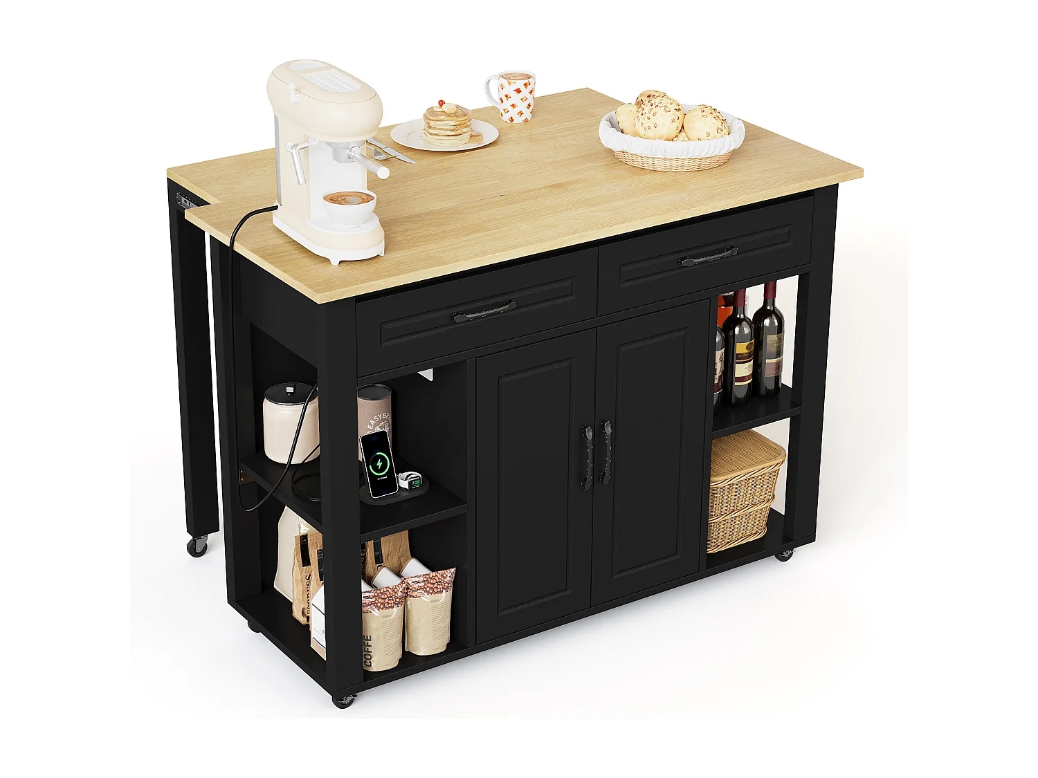 Chariot de cuisine 120x44x91.5 avec comptoir de bar et prises électriques deux tiroirs et deux portes d'armoire avec séparateurs en noir pour cuisine