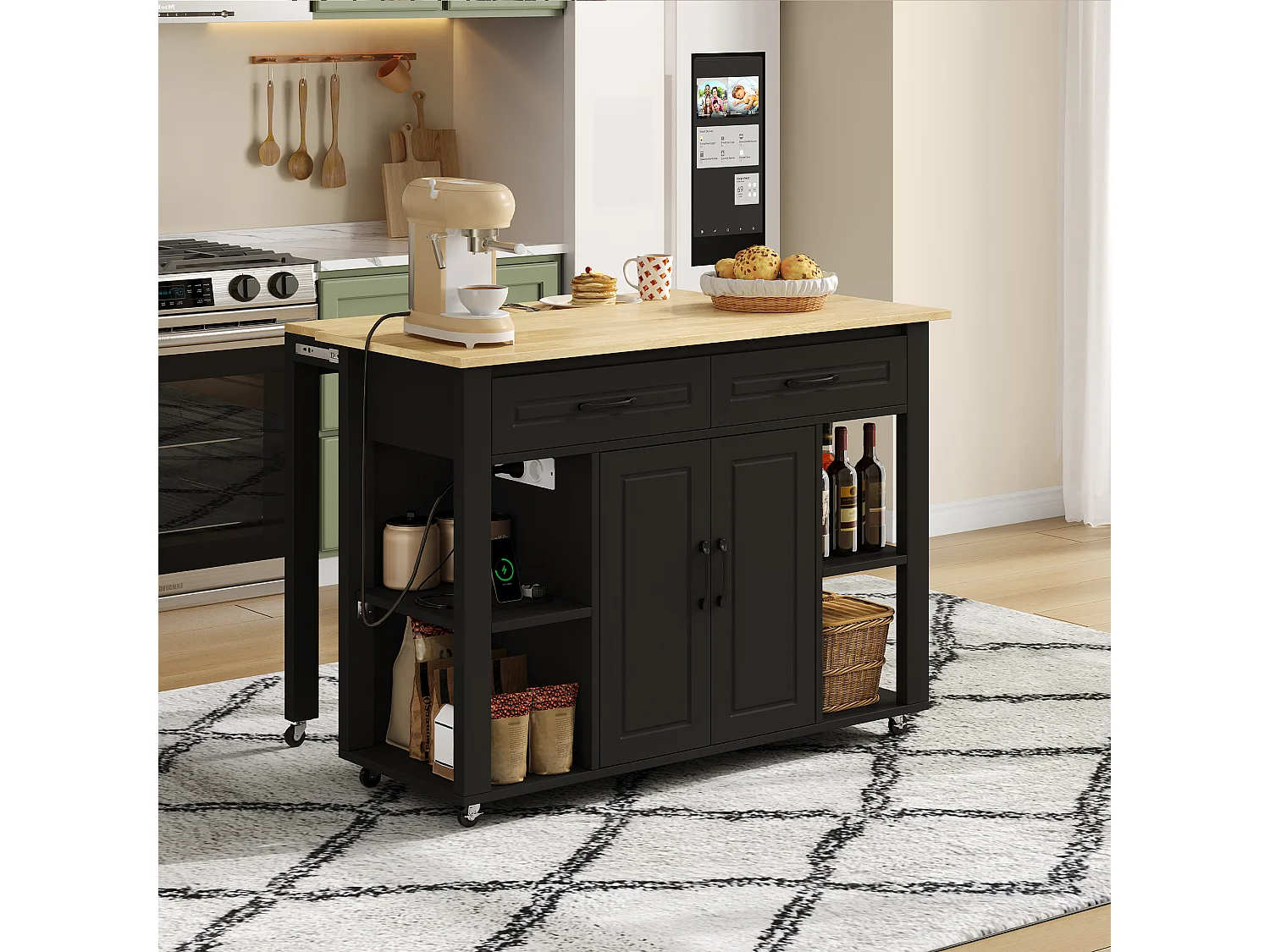 Chariot de cuisine 120x44x91.5 avec comptoir de bar et prises électriques deux tiroirs et deux portes d'armoire avec séparateurs en noir pour cuisine