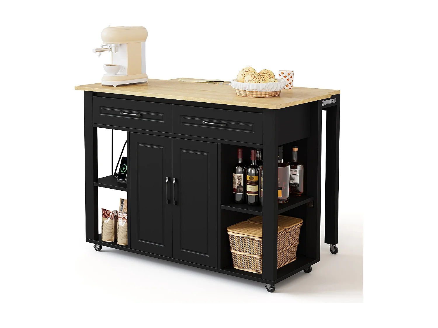 Chariot de cuisine 120x44x91.5 avec comptoir de bar et prises électriques deux tiroirs et deux portes d'armoire avec séparateurs en noir pour cuisine